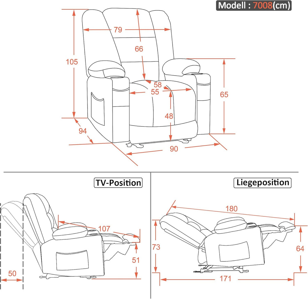 M MCombo Fernsehsessel elektrisch verstellbar, Relaxsessel mit Liegefunktion, TV Sessel mit Massage & Wärmefunktion, USB & Getränkehalter, 35D Vollschaum-Sitzkissen 7008 (Stoff, Dunkelgrau)
