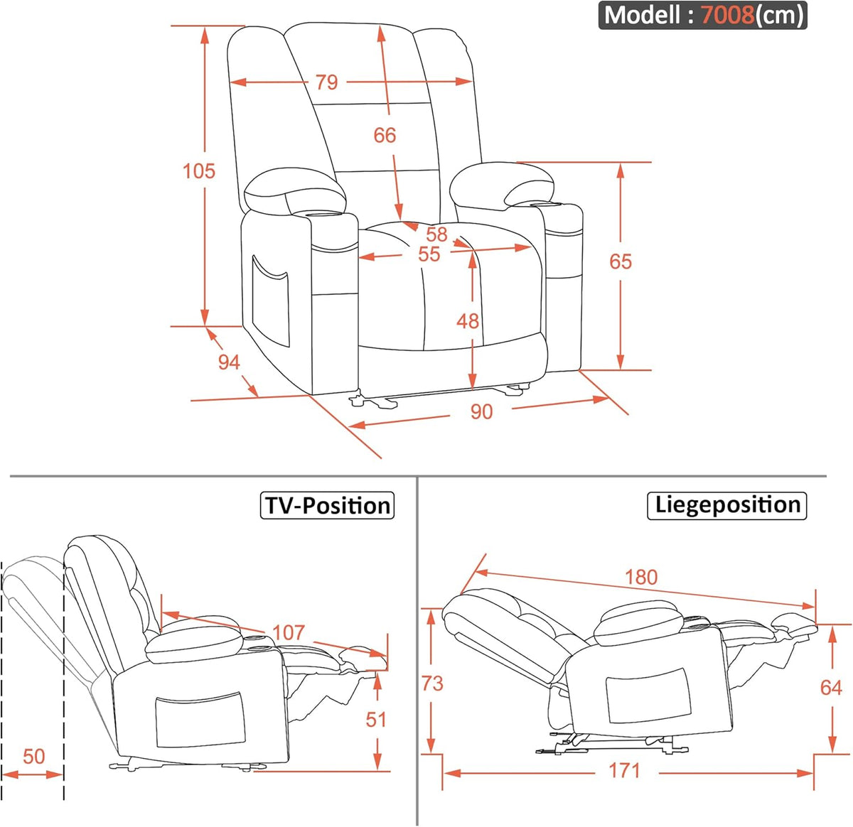 M MCombo Fernsehsessel elektrisch verstellbar, Relaxsessel mit Liegefunktion, TV Sessel mit Massage & Wärmefunktion, USB & Getränkehalter, 35D Vollschaum-Sitzkissen 7008 (Stoff, Dunkelgrau)