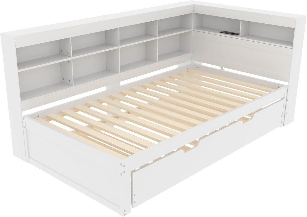 Plattformbett mit Ausziehbett 90x200cm(90x190cm), Ausziehbares Schlafsofa Tagesbett mit Bücherregal & USB Ladefunktion, Multifunktionsbett Gästebett Daybett Kinderbett Jugendbett, Ohne Matratze, Weiß