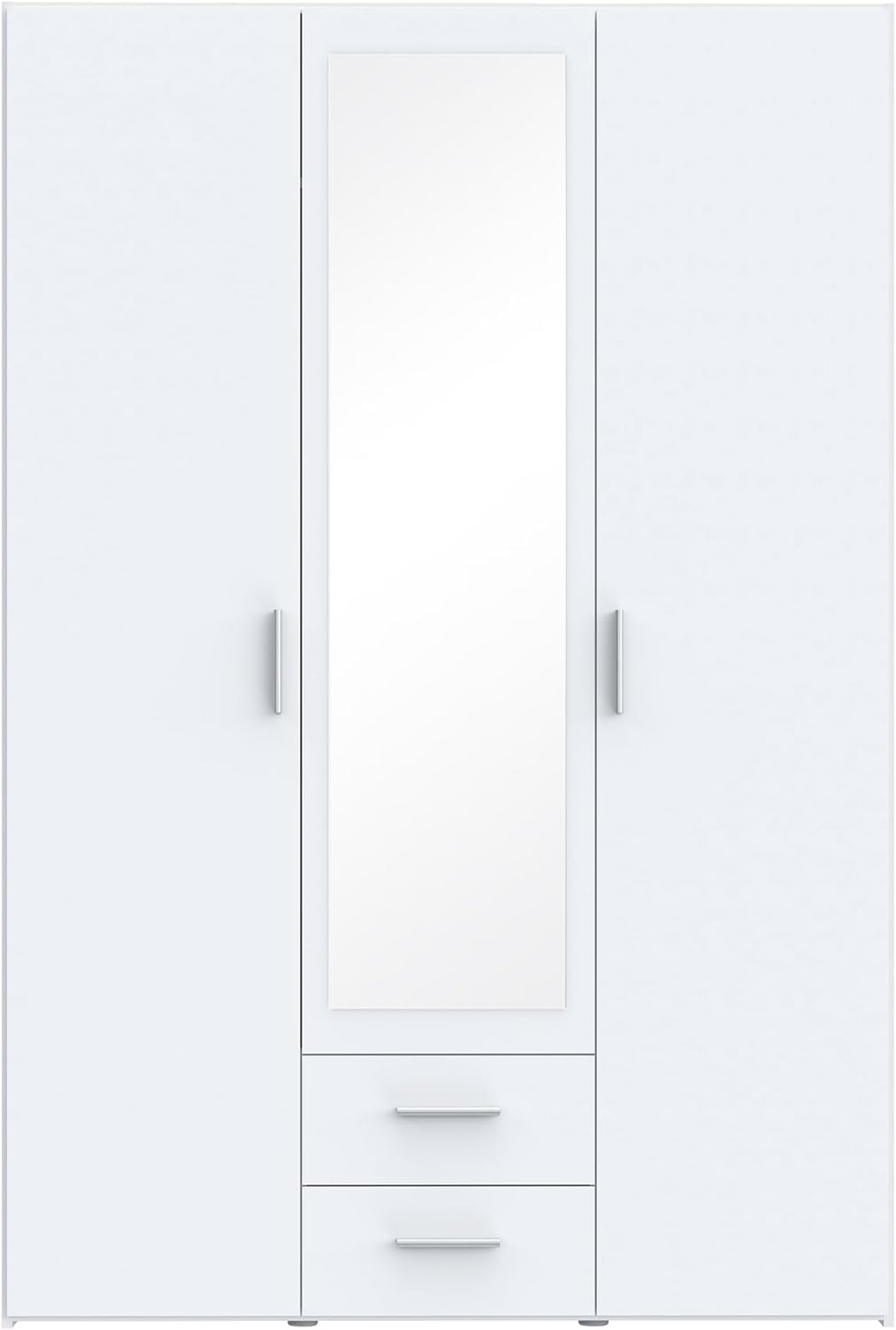 Forte TELANE Kleiderschrank 130, moderner Drehtürenschrank, 3-türig, 2 Schubladen, Spiegel, Schlafzimmer, Holzwerkstoff, Weiß, 131,1 cm breit x 195 cm hoch x 54,2 cm tief