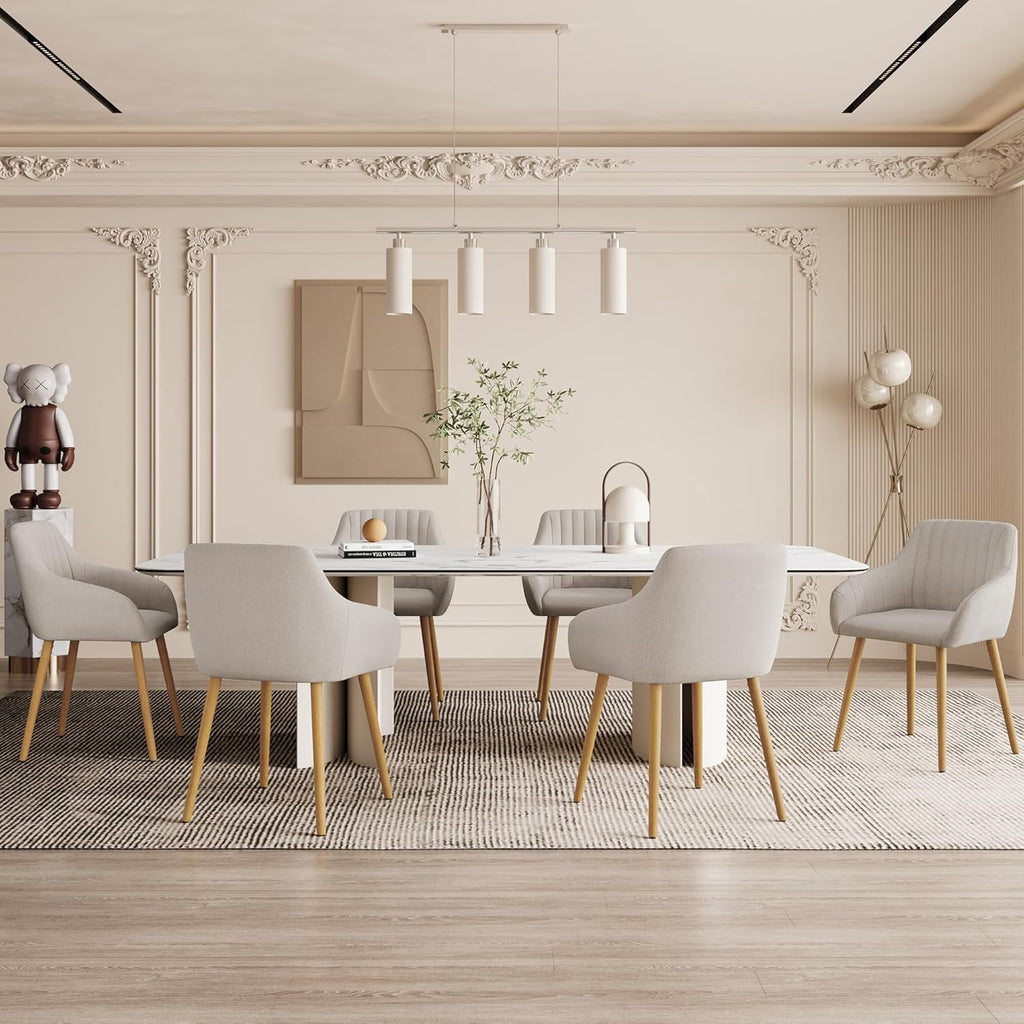 Armlehnenstuhl Esszimmerstuhl 4er Set Beige Holzbeine Polsterstuhl mit Armlehne Stühle Esszimmer Küchenstuhl Wohnzimmerstuhl aus Polyester