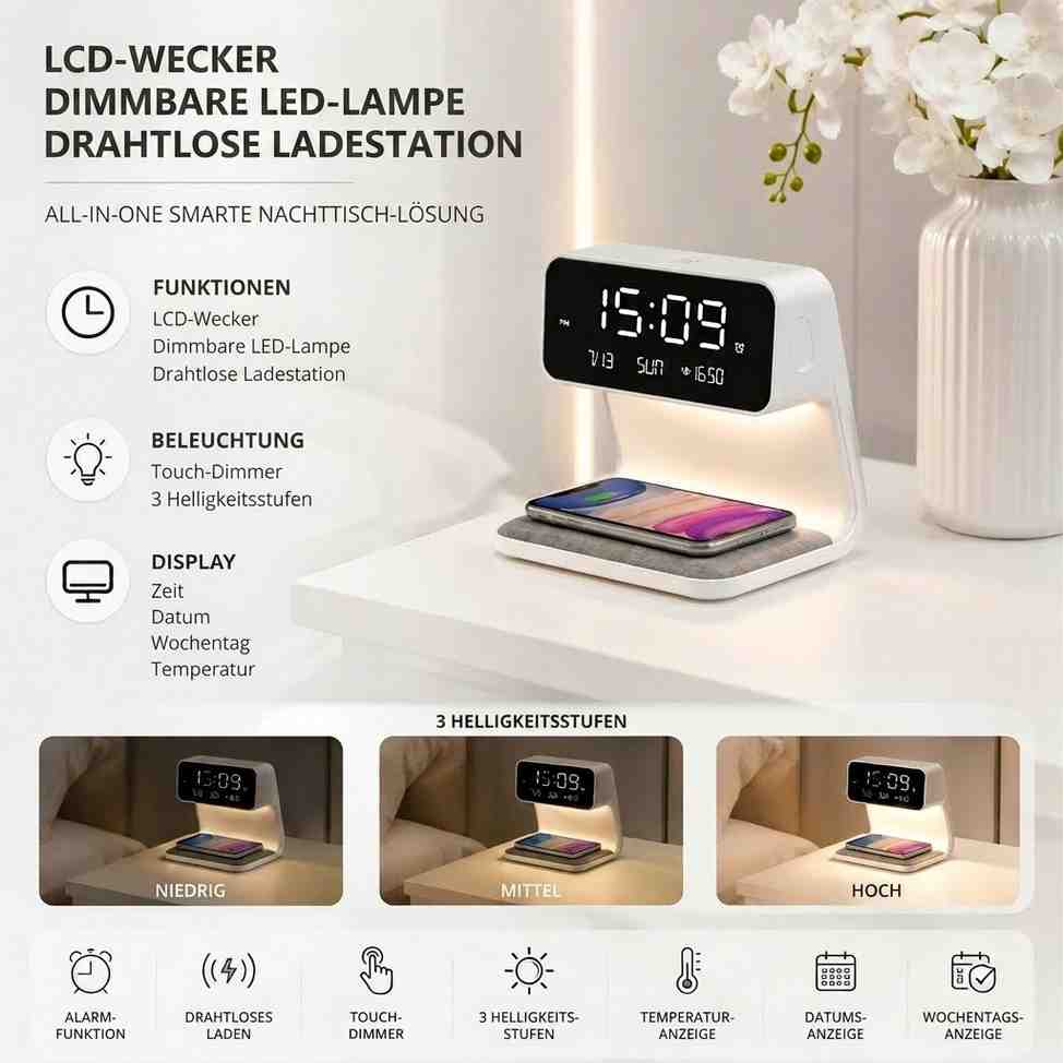 3-in-1 Wecker mit kabelloser Ladestation | Wecksilbe