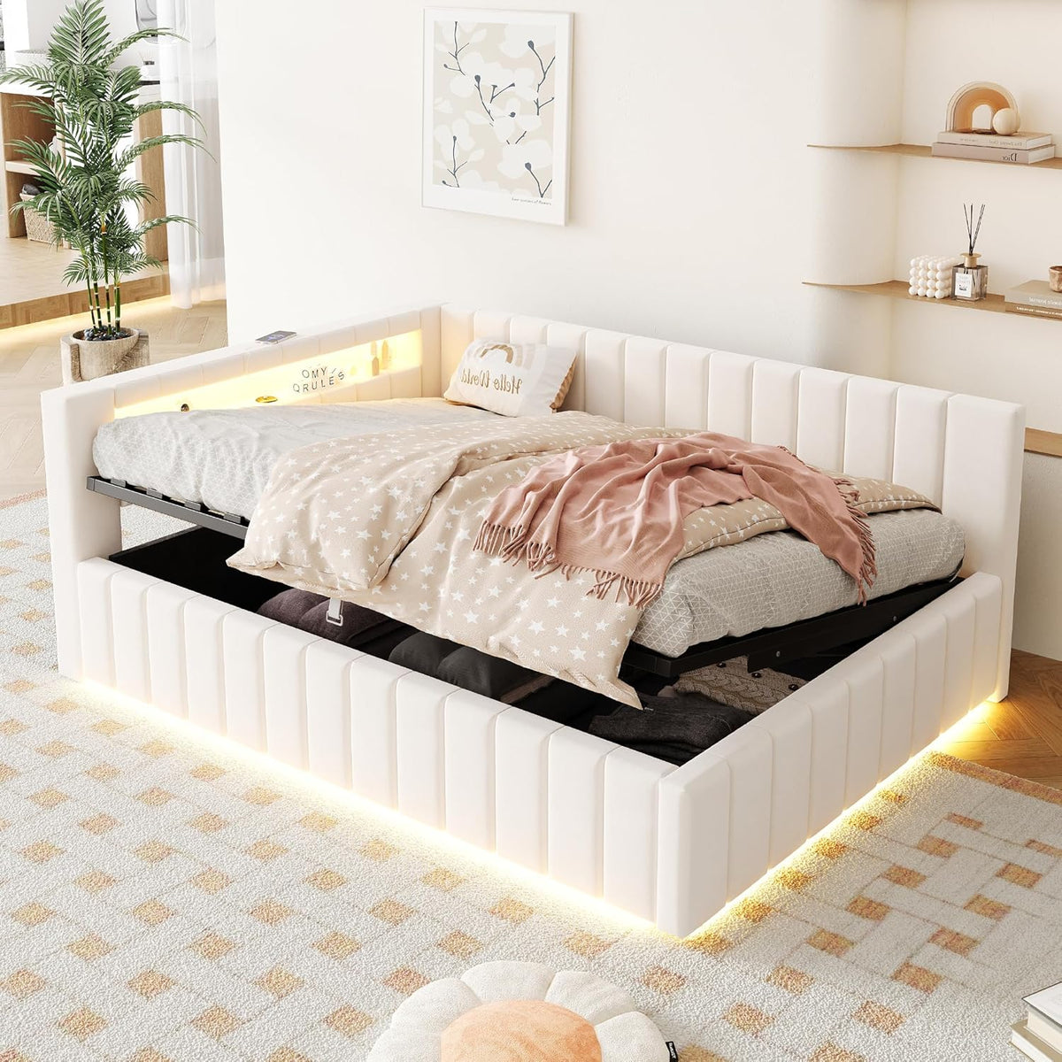 Polsterbett Schlafsofa 140x200, Doppelbett mit Hydraulischem Stauraum, mit LED-Licht und USB-Ladefunktion, Tagesbett Jugendbett mit Lattenrost, Samtstoff, ohne Matratze (Beige)
