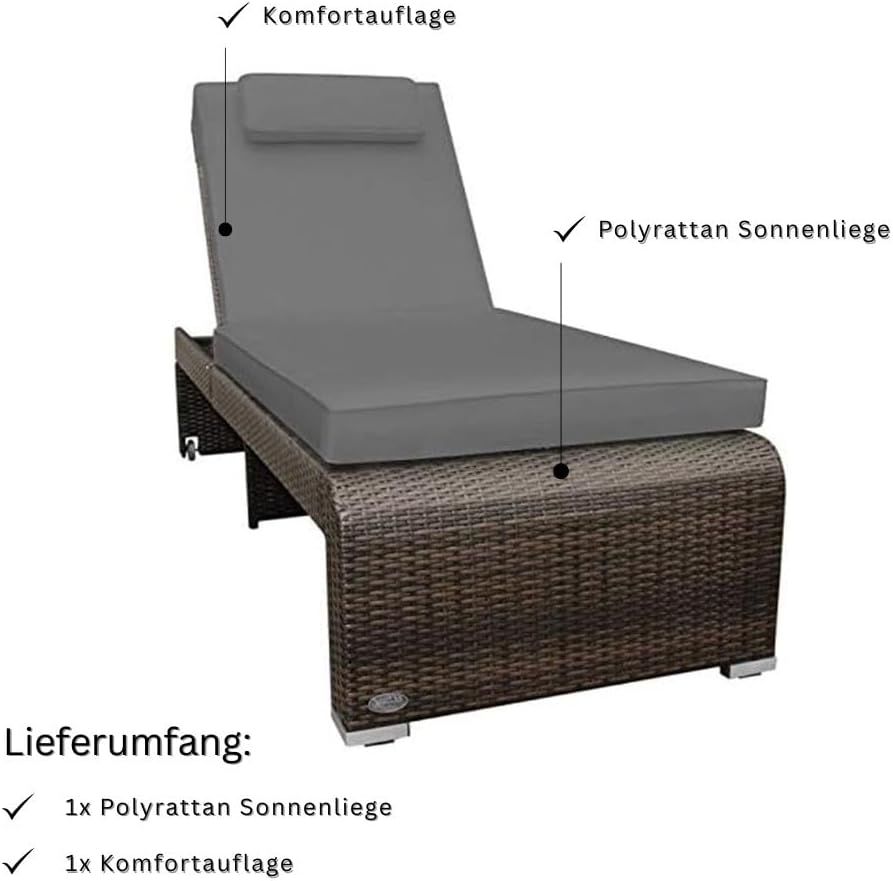 RS Trade Sonnenliege Gartenliege wetterfest aus Rattan, extra hoch & extra breit auch für Senioren – XXL bis 200kg – mit Rollen, Outdoor Liege mit Verstellbarer Rückenlehne, braun mit Grauer Auflage