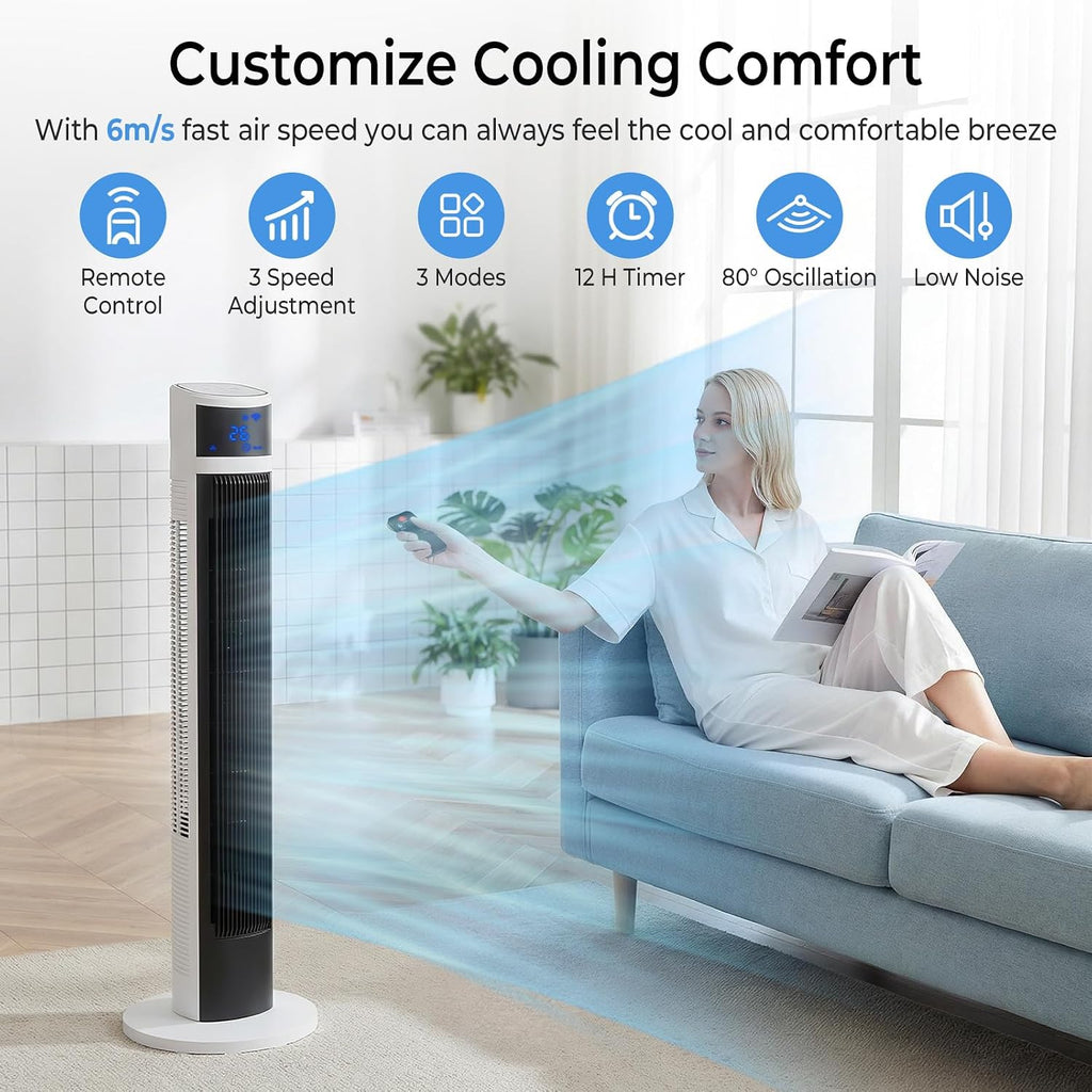 30dB Turmventilator Sehr Leise mit Fernbedienung | 80° Oszillation, drei Modi, Raumkühlung, platzsparender Tower Fan, kühlender Luftstrom, Schlafzimmer Büro, Senioren geeignet