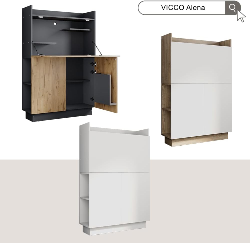 Vicco Sekretär Schreibtisch Alena, Arbeitstisch mit Schrank, Weiß, 85 x 27 cm