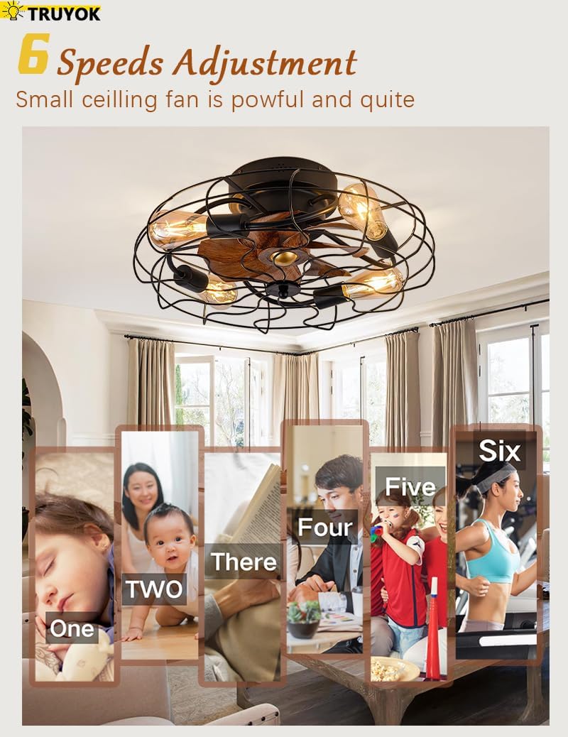 Deckenventilator mit Licht Retro LED Deckenleuchte mit Ventilator und Fernbedienung Industrial Deckenlampe E27 Vintage Cage Fan Lamp für Schlafzimmer Wohnzimmer Küche Beleuchtung, Schwarz