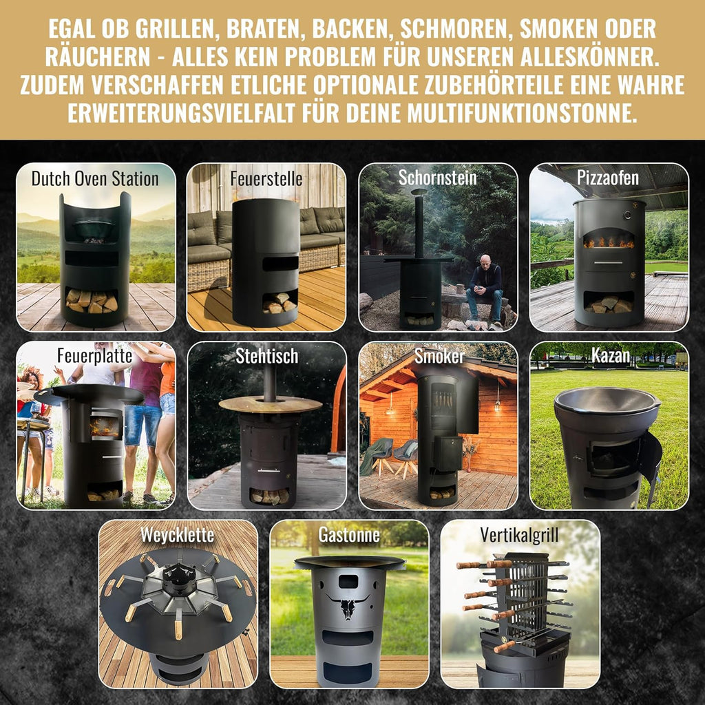 Komplettset – Multifunktionstonne mit 100cm Feuerplatte in 8mm Stärke #2001 – Feuerkorb & Zubehör – A. Weyck Tools Vielseitige Dutch Oven Station, Feuertonne & Grillfass – Hitzebeständig bis 700 Grad