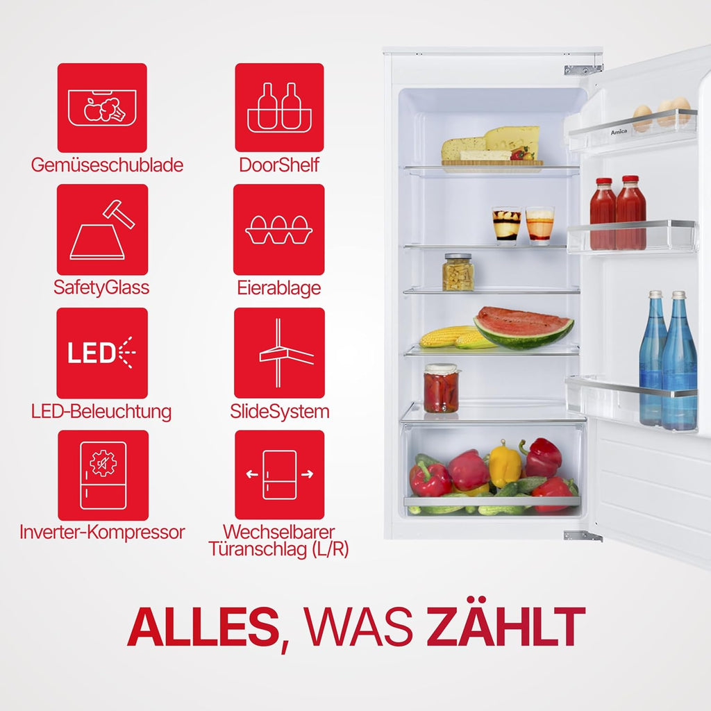 Amica Einbau‑Vollraum‑Kühlschrank Schlepptür‑Technik 1220 mm Nische elektronische Steuerung Inverter‑Motor LED‑Beleuchtung 54 x 122,1 x 54 cm – Einbaukuehlschrank