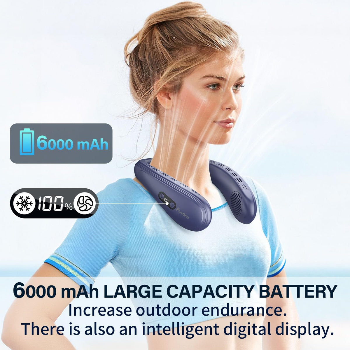 Nackenventilator, windig, 6000 mAh, mit Kühlplatte, blattlos, tragbar, leise, wiederaufladbar, Camping-Essentials für Damen und Herren, Outdoor-Aktivitäten, Gartenarbeit, Spaziergänge mit dem