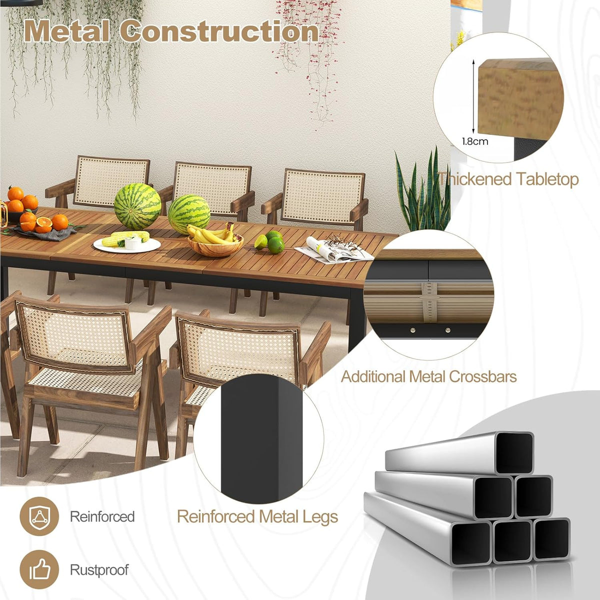 KOMFOTTEU Gartentisch mit Schirmloch, Esstisch aus Akazienholz, Holztisch für 8 Personen, Terrassentisch 200 x 90 x 75 cm, für Outdoor, Garten, Patio (Modell A)