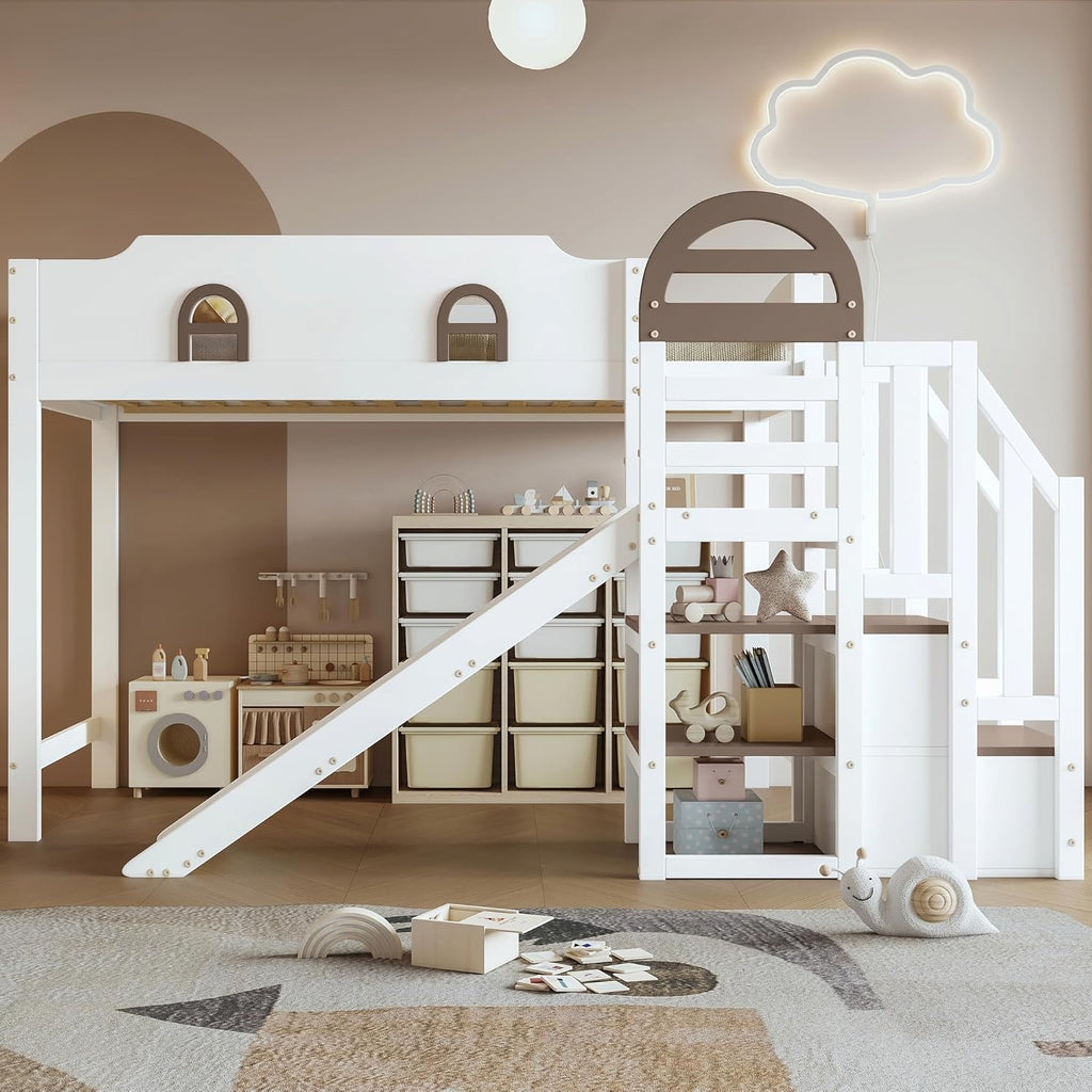Etagenbett 90x200 cm, Kinderbett Mit Rutsche, Stauraumbett mit 2 Schließfächer in der Treppe, Mit Offenes Regal, mit Fenster, Rausfallschutz Geländer, Kiefer, Weiß+Braun (Ohne Matratze)
