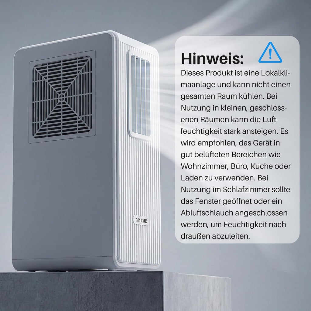 OKYUK Mobiles Klimagerät, 200W Energiesparend, R290 Umweltfreundliches Kältemittel, 3‑in‑1 Klimaanlage, Luftentfeuchter, Ventilator Ventilieren Leise
