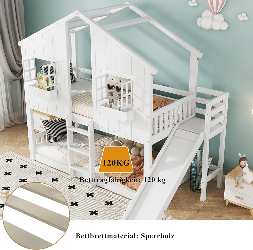 Etagenbett Kinderbett 90x200, Hochbett Hausbett für 2 Kinder, Stockbett mit Rutsche&Leiter&Fenstern&Dach&Aufbewahrungsbox, Doppelbett Holzbett mit Lattenrost&Rausfallschutz, Kiefer, Ohne Matratze,Weiß