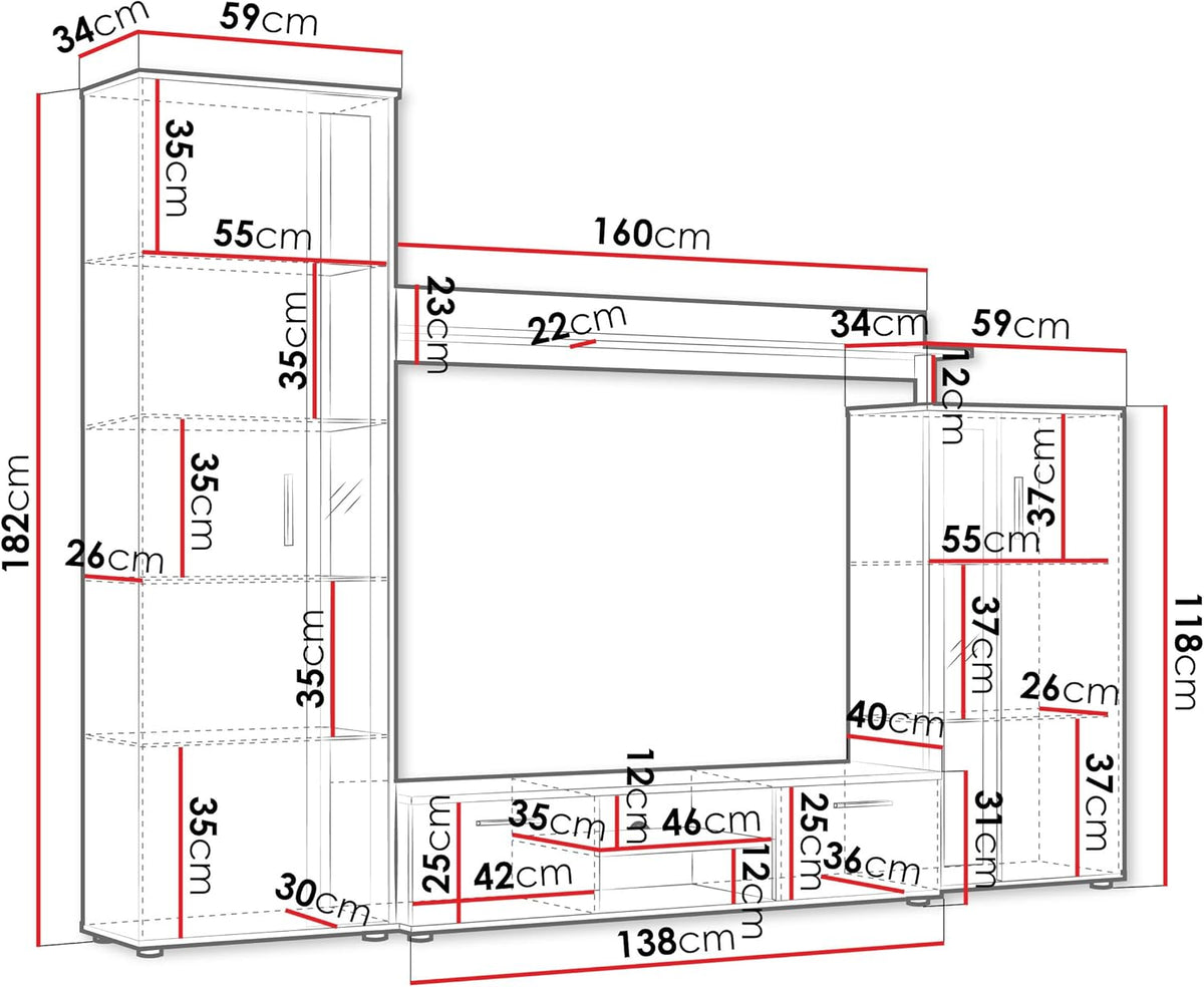 Mirjan24 Wohnwand Bentley, Praktische Anbauwand, Schrankwand, Mediawand, mit viel Stauraum, Top-Qualität (Country Oak Grey/Schwarz, mit LED Beleuchtung)