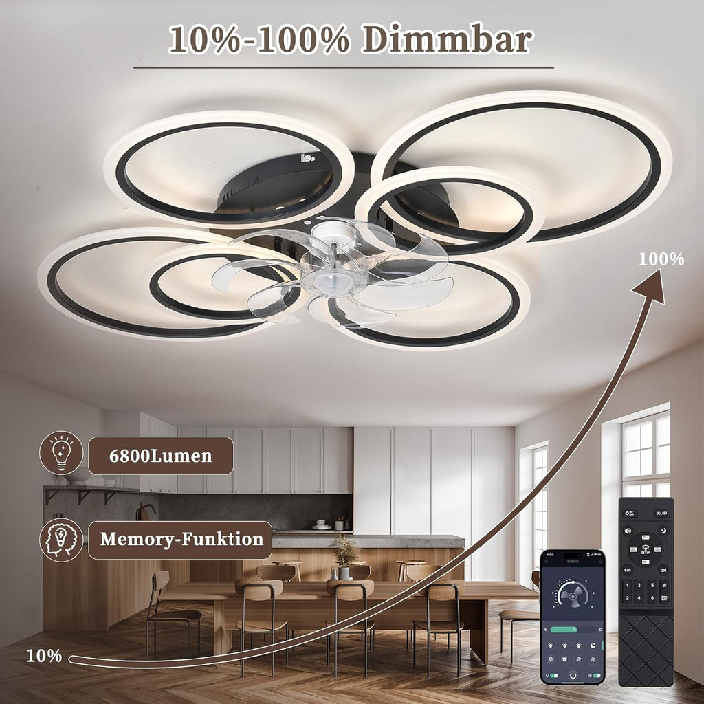 Deckenventilator Mit Beleuchtung Und Fernbedienung,85W,6800LM Lampe Mit Ventilator,100cm Led Dimmbar Deckenleuchte Mit Ventilator,6-Gang Ceiling Fan with Light Für Schlafzimmer Wohnzimmer,Schwarz