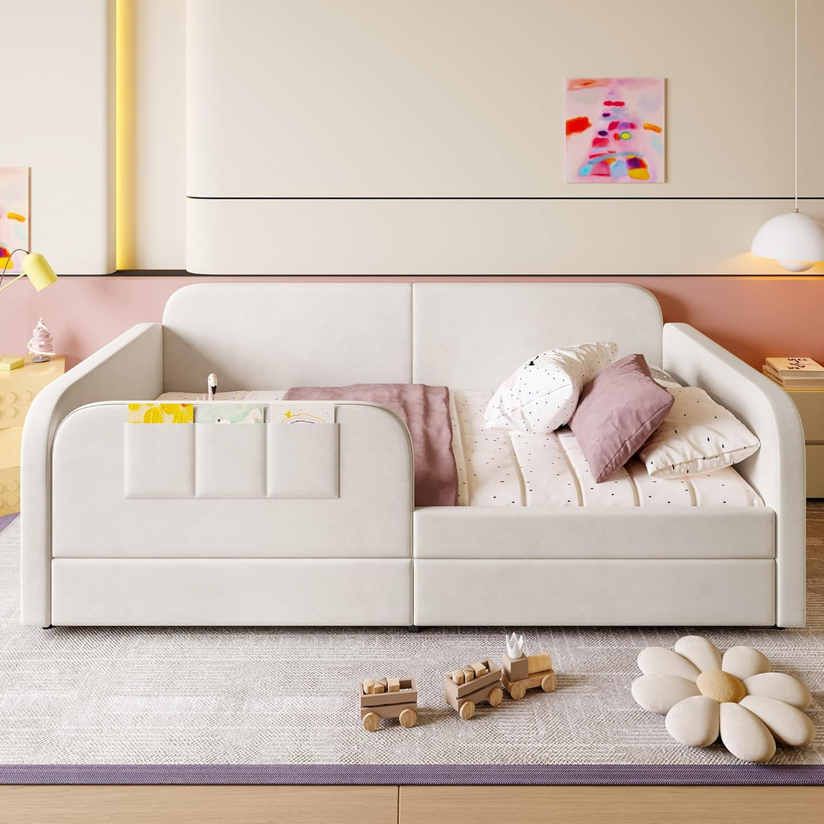 ANIROY Kinder-Spleißbett 90x200cm, Polsterbett, Schlafsofa Daybett Tagesbett Einzelbett mit Metallbettgestell & 3 Aufbewahrungstaschen & 2 Schubladen auf Rollen, Samt, Weiß