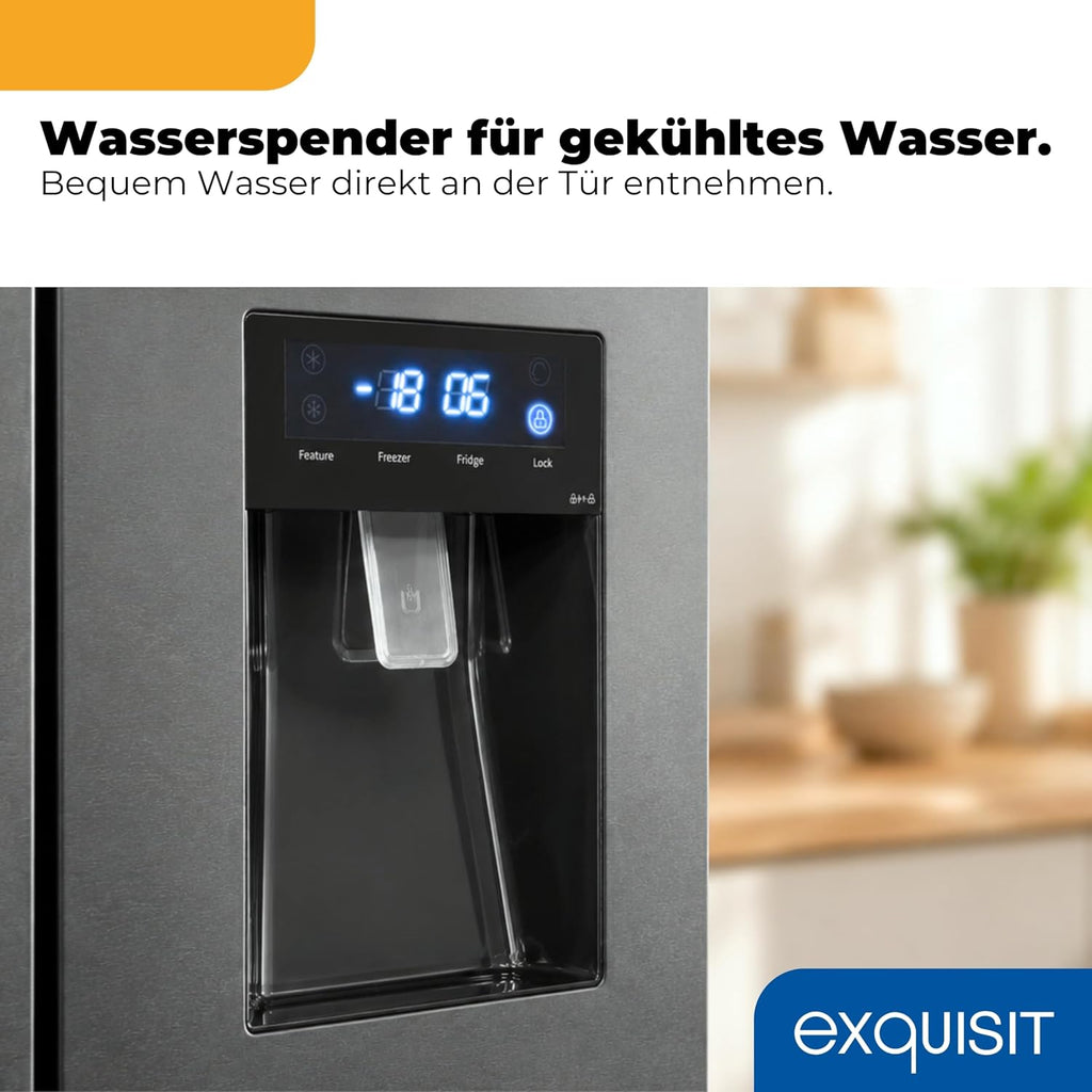 Exquisit Frenchdoor Kühl-Gefrierkombination | 506 l Nutzinhalt, Energieklasse E, 41 dB, No Frost Kühlen & Gefrieren, Schnellgefrieren, Wasserspender, LED, Elektronik | FD5490-160-WS-200E inoxlook-az