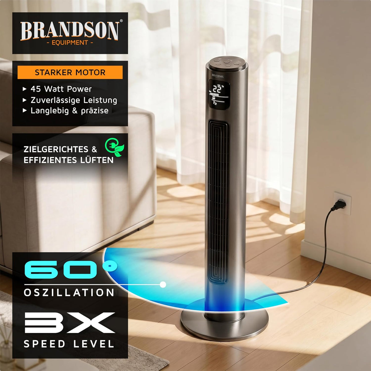 Brandson - Turmventilator mit Fernbedienung - Preisträger 2026 - Oszilation 60° - Standventilator - mobiler Lüfter - Säulenventilator - 96 cm - Ventilator 3 Geschwindigkeitsstufen - GS - Graphite