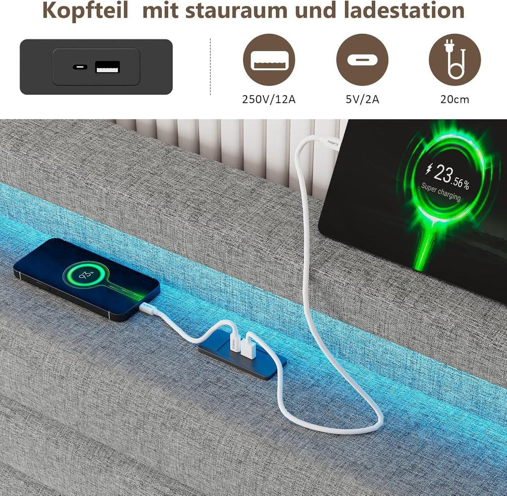 FEONASE Bett 180x200 mit Stauraum, Polsterbett 180x200 cm mit LED-Beleuchtung & Ladestation, Bettgestell mit Hydraulischem und Leinen Kopfteil Stauraum, Lattenrost, Ohne Matratze, Hellgrau