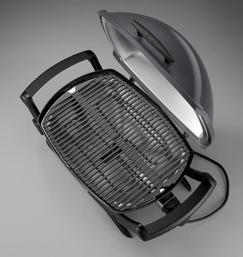 Weber Q2400 Elekrogrill mit Seitentischen, 54 x 39cm Grillfäche, portable, 2-geteilter porzellanemaillierter Guss-Grillrost, Aluminiumguss Deckel & Gehäuse - Dark Grey (55020079)