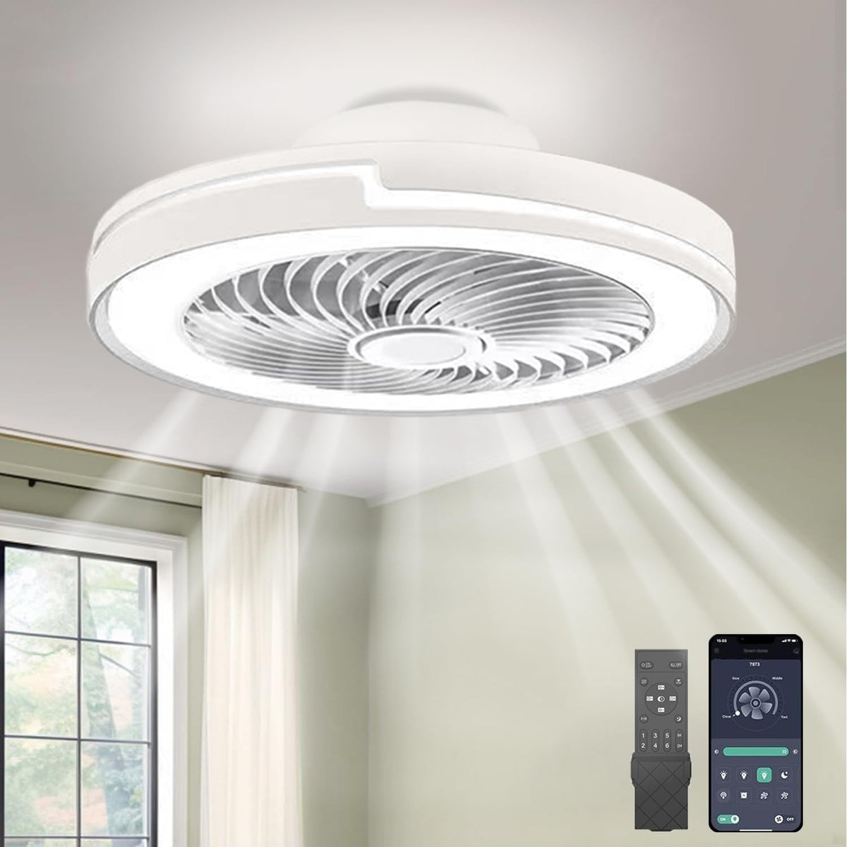LED Deckenventilator mit Beleuchtung Leise 6 Windstufen, lampe mit ventilator, APP, Modernes Design deckenventilator mit licht für Wohnzimmer Schlafzimmer,(50CM，Weiß)