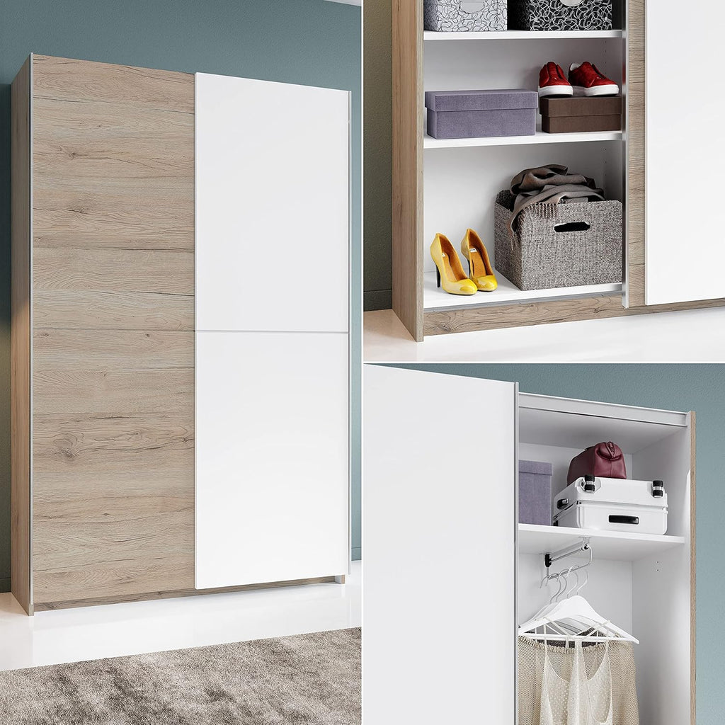 Stella Trading FAST Eleganter Kleiderschrank / Garderobenschrank mit viel Stauraum - Vielseitiger Schwebetürenschrank in San Remo Optik, weiß - 125 x 195 x 38 cm (B/H/T)