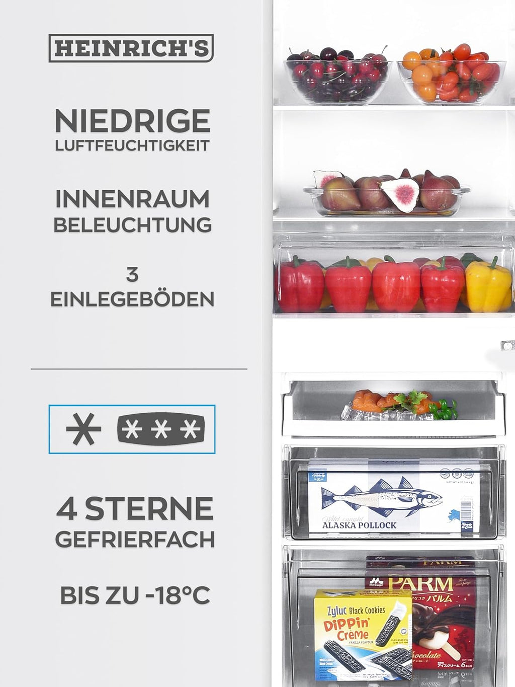 Heinrich´s Kühlgefrierkombination 173L Gesamtvolumen, 121L Kühlvolumen, 52L Gefriervolumen, LED Beleuchtung,Türanschlag wechselbar, leise 40dB, große Tiefkühlboxen, 7Temperaturstufen,(weiß)