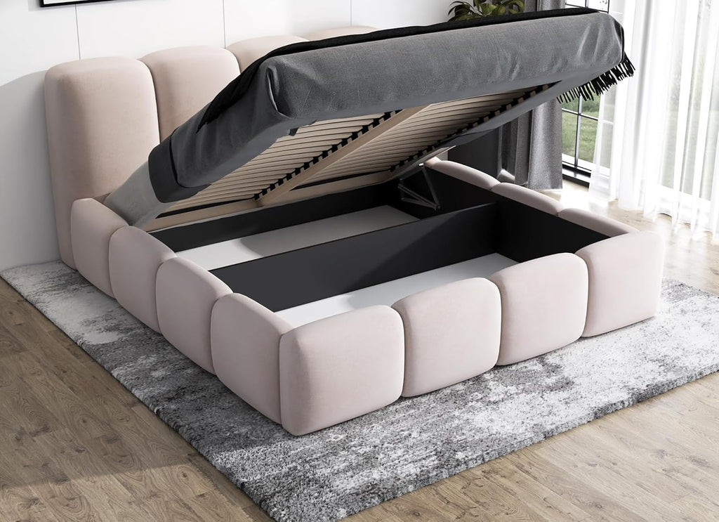 A&J MöbelLand Polsterbett 120x200 mit Bettkasten und Lattenrost – DONA-OM, Bett mit Stauraum in Beige ohne Matratze