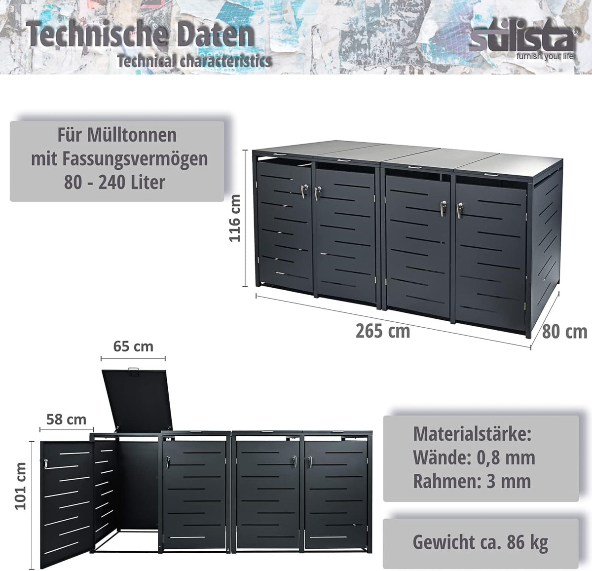 STILISTA Mülltonnenverkleidung aus Metall, für 4 Mülltonnen je 240 Liter, Silber