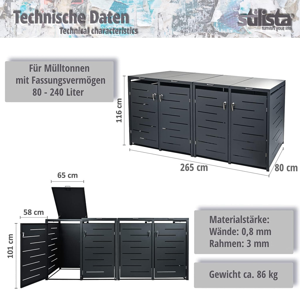 STILISTA Mülltonnenverkleidung aus Metall, für 4 Mülltonnen je 240 Liter, anthrazit