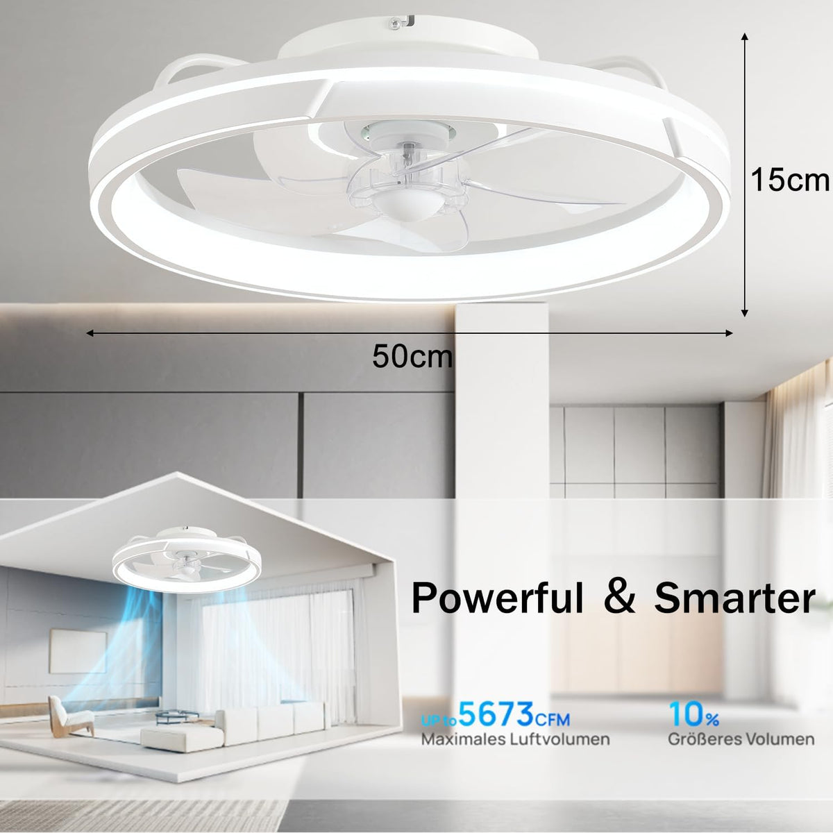LED Deckenventilator mit Beleuchtung und Fernbedienung, Leise, 64W APP Dimmbare Deckenleuchte mit Ventilator, Umkehrbare 6-Speed Lampe mit Ventilator, 5 Lüfterflügel, Timer, (Weiß)