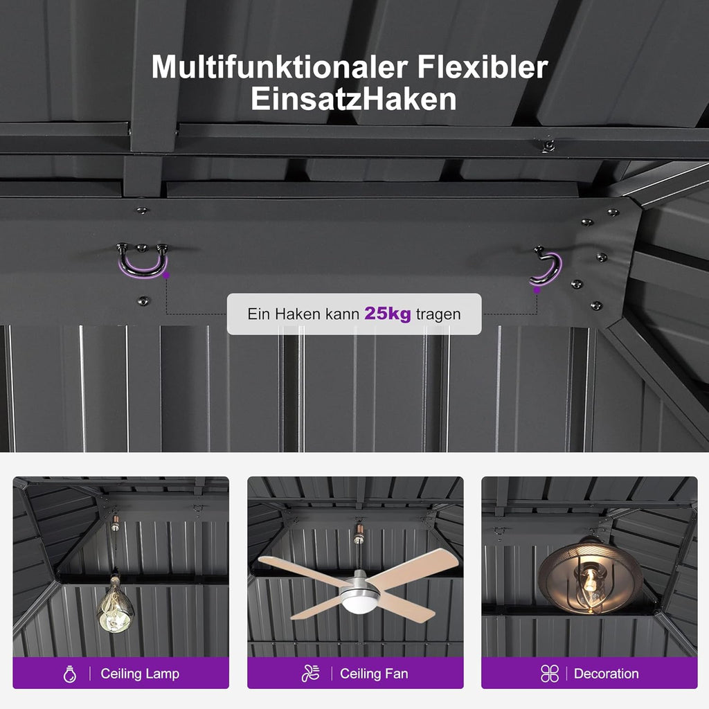 PURPLE LEAF Gartenpavillon 3.65 x 4.25 m Alupavillon Wasserdicht Stabil Winterfest Pavillon mit Stahldach Hardtop Pavillon 14.6 m 24 LED Lichterketten, Grau