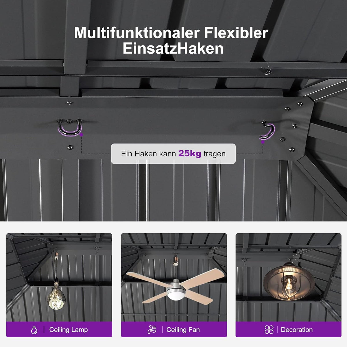 PURPLE LEAF Gartenpavillon 3.65 x 4.25 m Alupavillon Wasserdicht Stabil Winterfest Pavillon mit Stahldach Hardtop Pavillon 14.6 m 24 LED Lichterketten, Grau