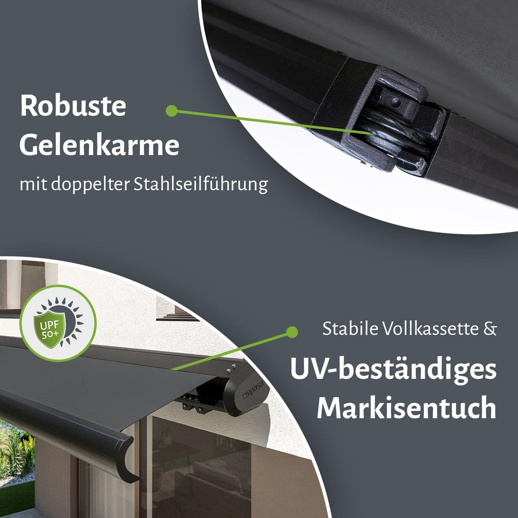 empasa elektrische Vollkassettenmarkise 'Profi' Kassettenmarkise Gelenkarmmarkise Markise Sonnenmarkise Sonnenschutz komplett vormontiert, Farbe:anthrazit, Größe:4 x 3 m