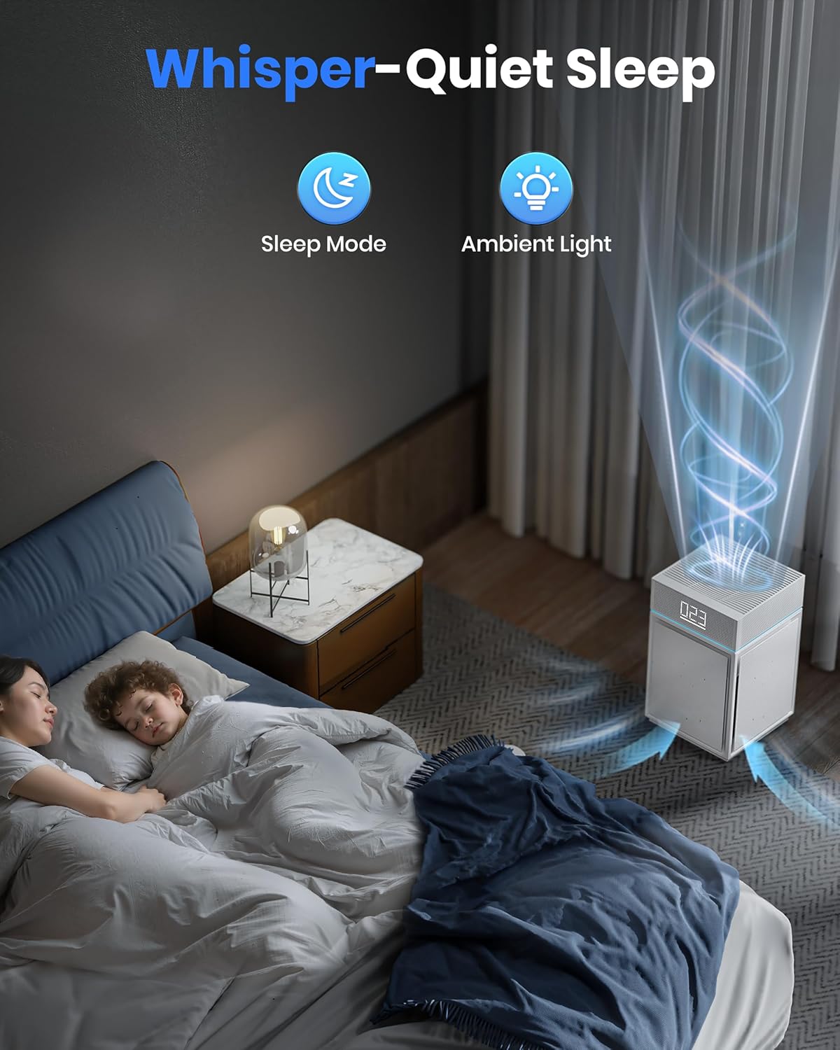 Luftreiniger Allergiker für Schlafzimmer Zuhause, CADR 400m³/h für 260㎡, HEPA Luftfilter gegen Fellgeruch Staub Pollen PM2.5, Luftqualitätssensor & PM2.5-Display, Air Purifier PB6866, Weiß
