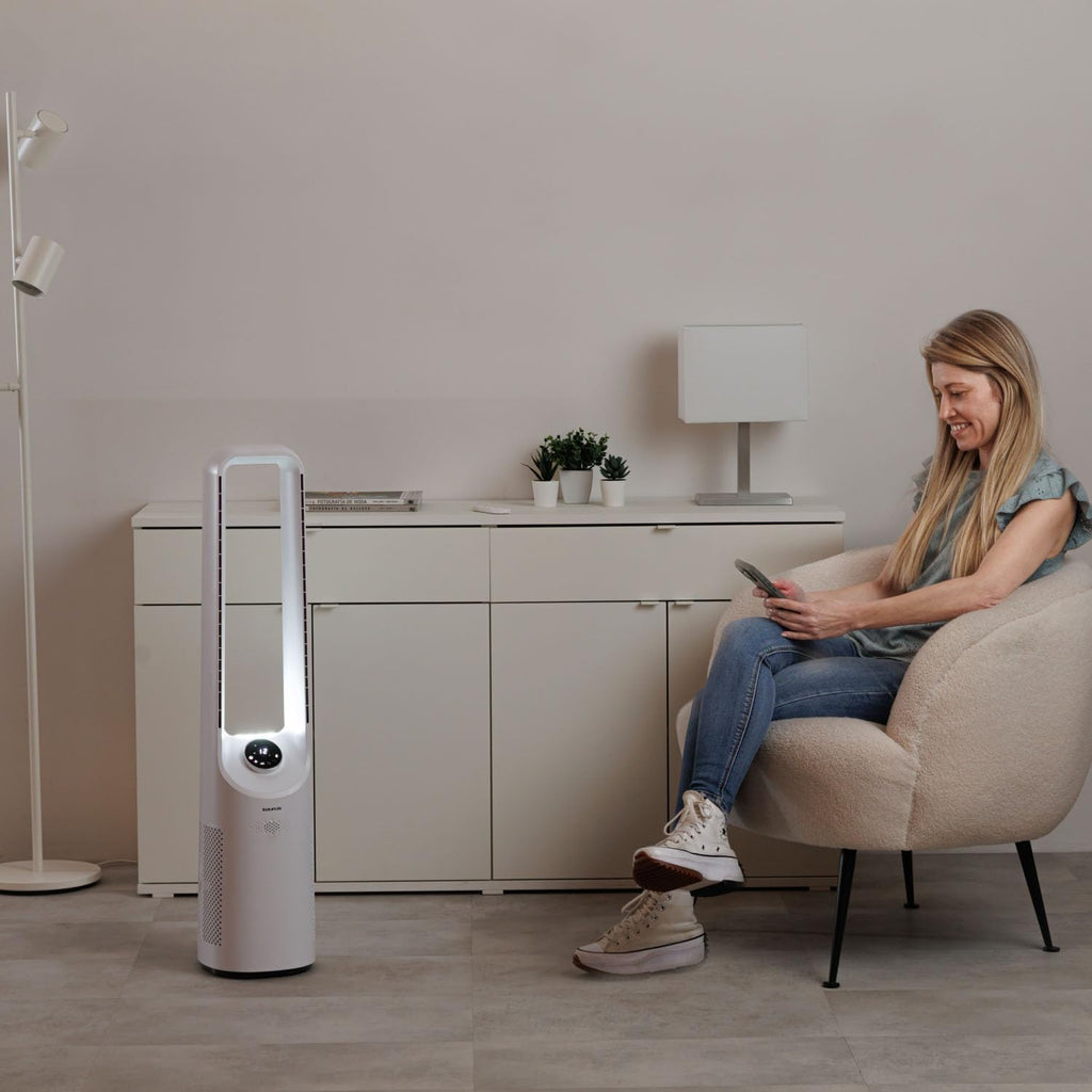 Taurus Babel Endless Turmventilator mit digitalem Brushless-Motor, sehr leise, 12 Geschwindigkeiten, LED-Touchscreen, Oszillation, 12-Stunden-Timer und Fernbedienung, Ventilator ohne A
