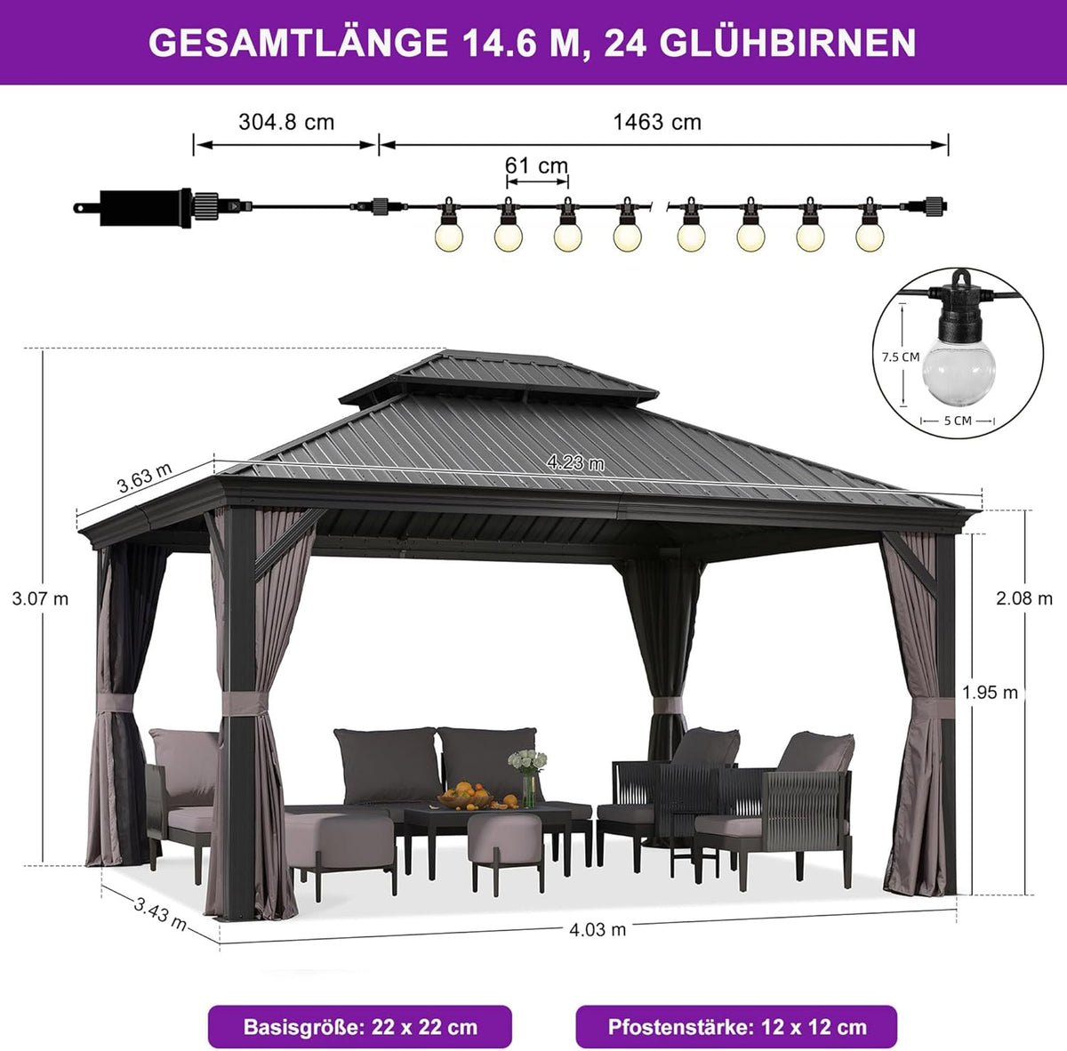 PURPLE LEAF Gartenpavillon 3.65 x 4.25 m Alupavillon Wasserdicht Stabil Winterfest Pavillon mit Stahldach Hardtop Pavillon 14.6 m 24 LED Lichterketten, Grau