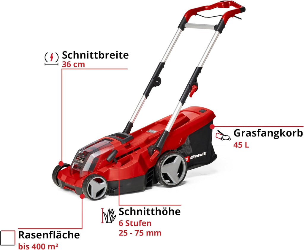 Einhell Akku-Rasenmäher RASARRO 36/36 Kit Power X-Change (36 V, 36 cm Schnittbreite, bis 400 m², 45L Fangkorb, 25-75 mm Schnitthöhe, inkl. 2 x 3,0 Ah Plus Akkus + 2X Ladegerät)
