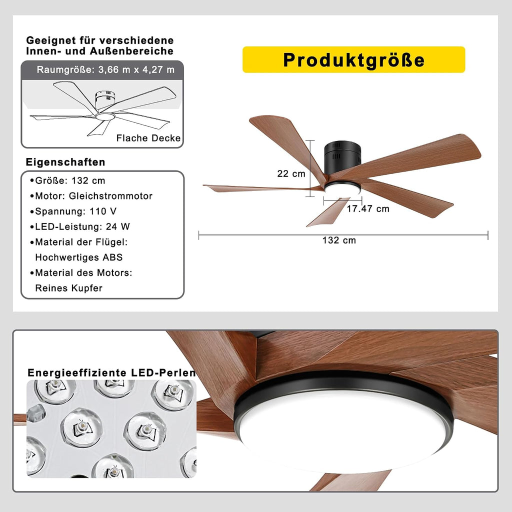 Ohniyou Deckenventilator mit Beleuchtung, 132 cm (52 Zoll), Fernbedienung und App-Steuerung, Deckenventilator für den Außenbereich, Terrasse, Wohnzimmer, Dimmbar, Leiser DC-Motor, Walnuss