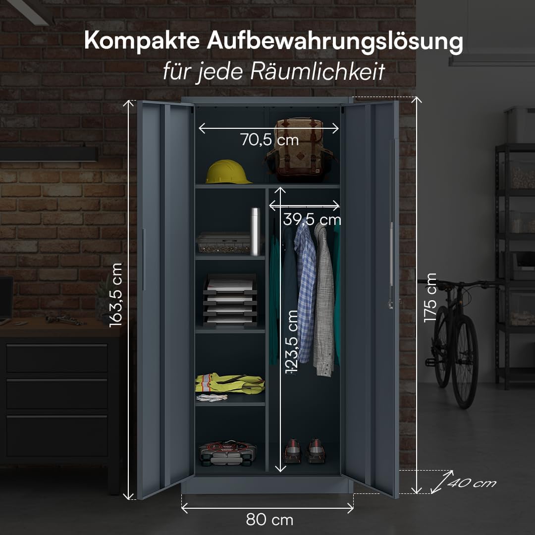 STEELSØN Regulus Metallschrank abschließbar – Garderobenschrank mit 6 Fächern und 1 Kleiderstange – Spind Schrank mit Doppeltüren – Mehrzweckschrank Anthrazit – Kleiderschrank Metall 175x40x80 cm