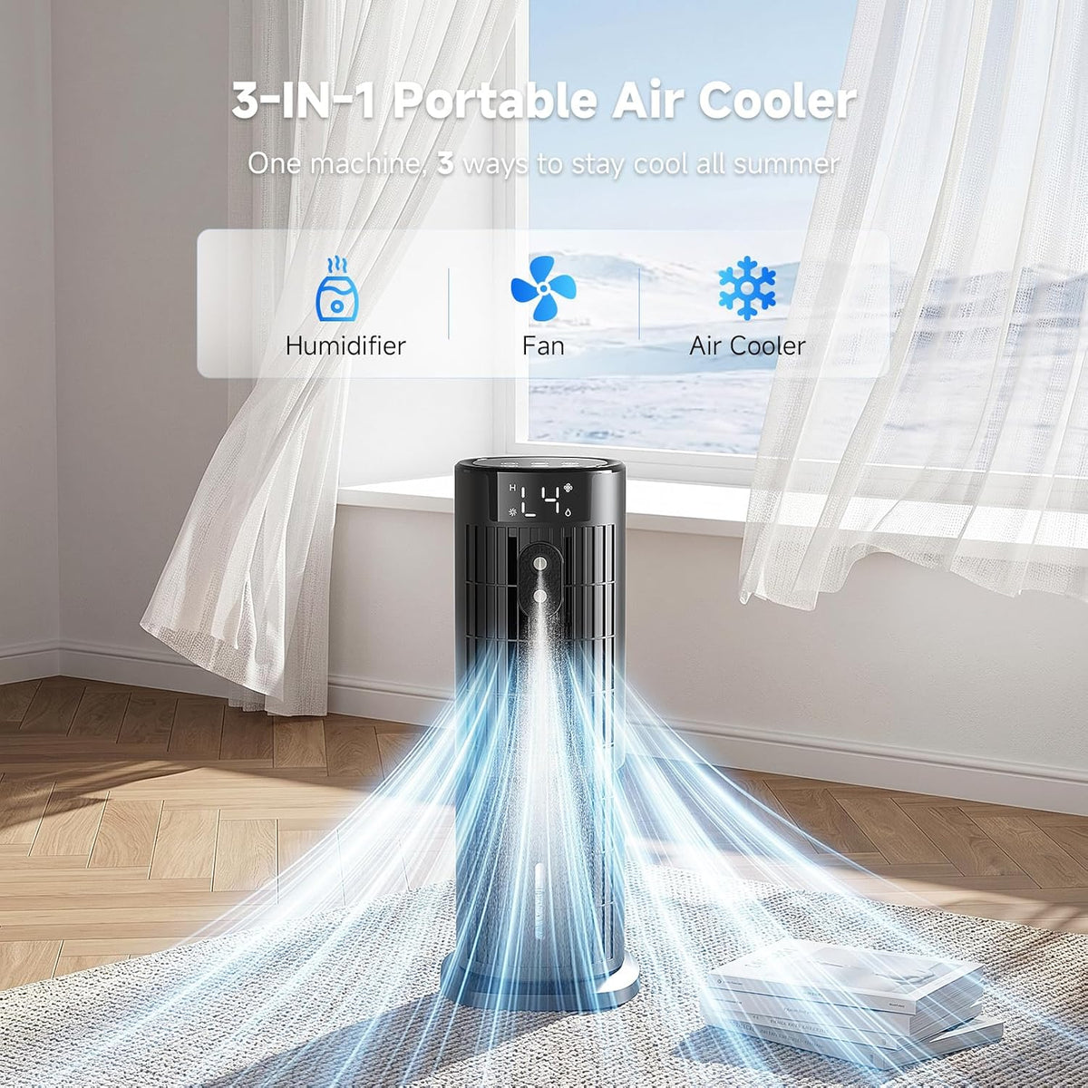 Mobile Klimaanlage, leise tragbare Klimaanlage, Luftkühler mit Ventilatorstufen, Timer, großvolumiger Wassertank, Klimaanlage für Schlafzimmer, Büro（Schwarz）
