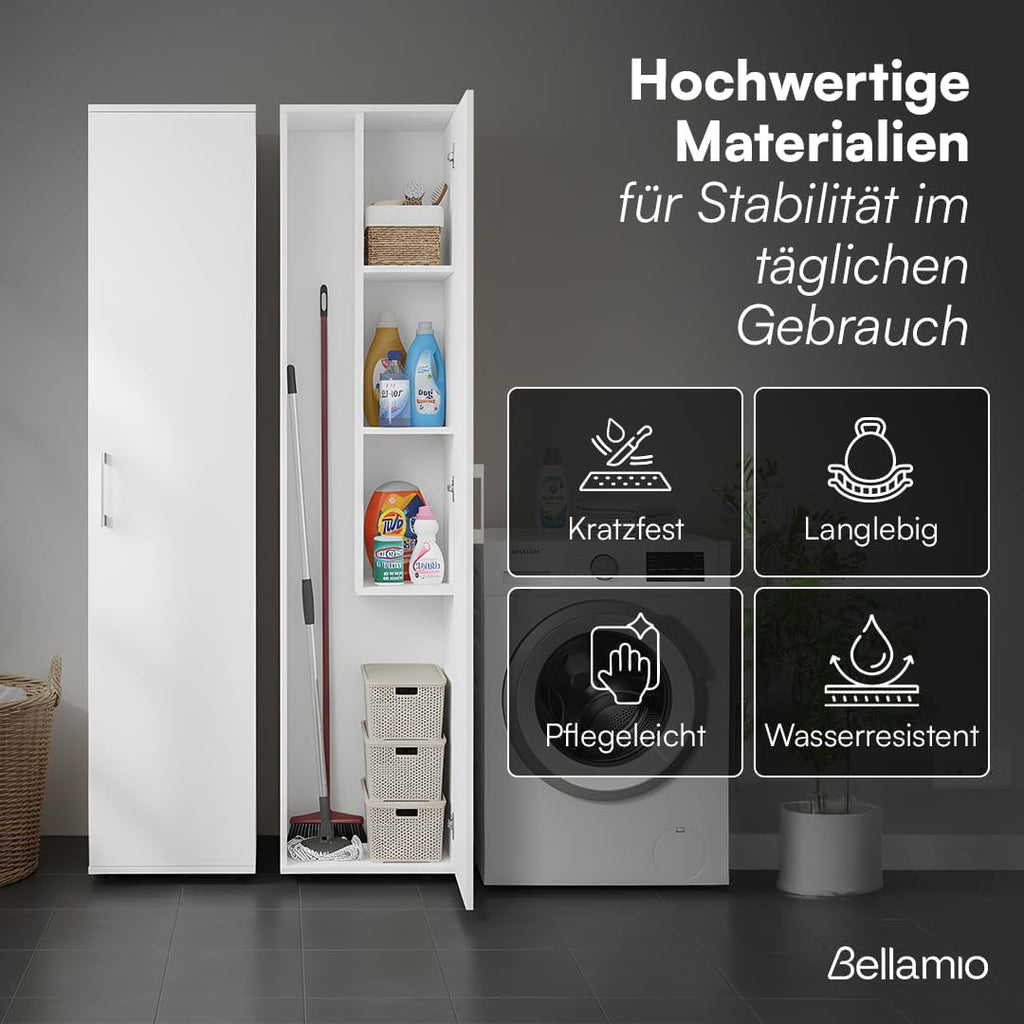 Bellamio Apol Besenschrank - Mehrzweckschrank 40 cm breit Weiß - Vorratsschrank mit Staubsaugerfach - Putzschrank aus Holz - Flurschrank mit Stauraum - Haushaltsschrank - Allzweckschrank 176x33x40 cm