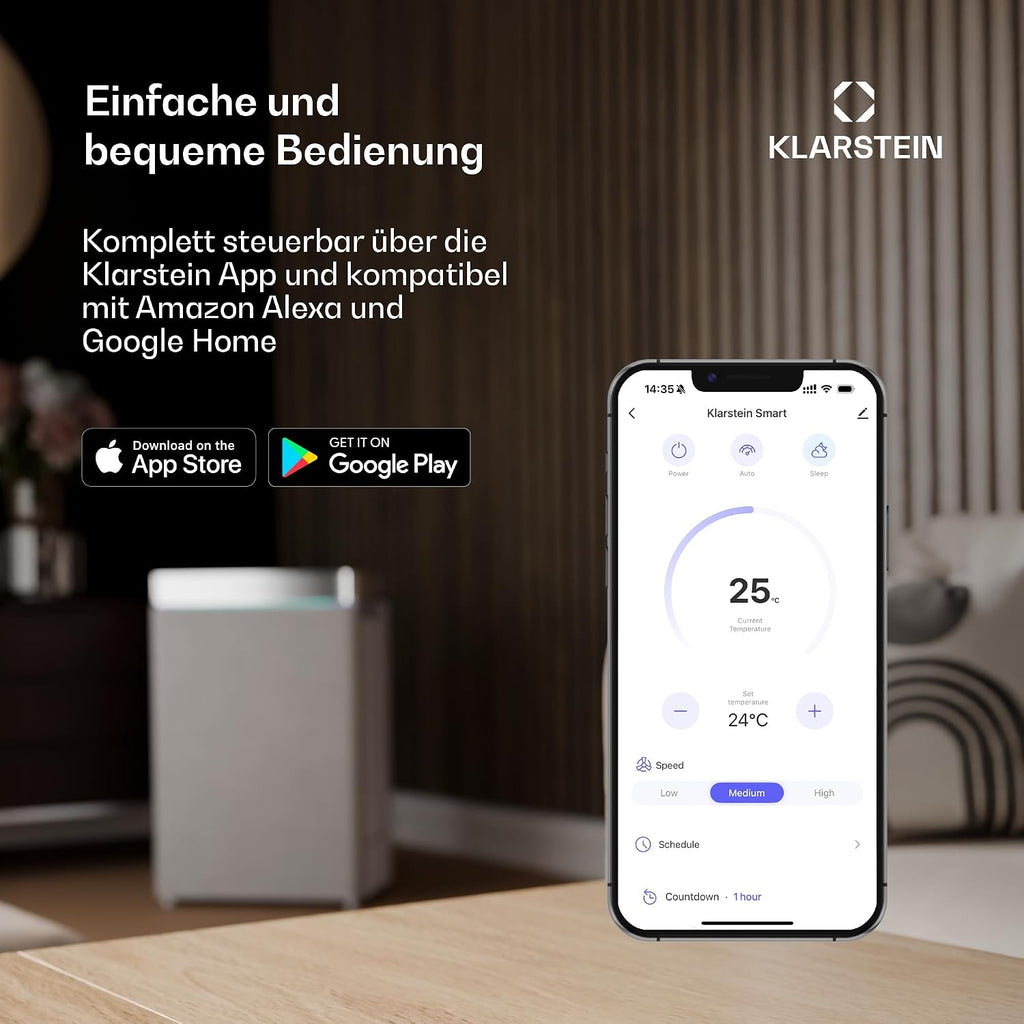 Klarstein Aero Ring Mobiles Klimagerät – 7000 BTU, 3-in-1: Kühlen, Entfeuchten & Ventilator, Smart App & Sprachsteuerung, Für Räume bis 25 m², Energieeffizienz A, R290, Leichtgängige Rollen, Weiß
