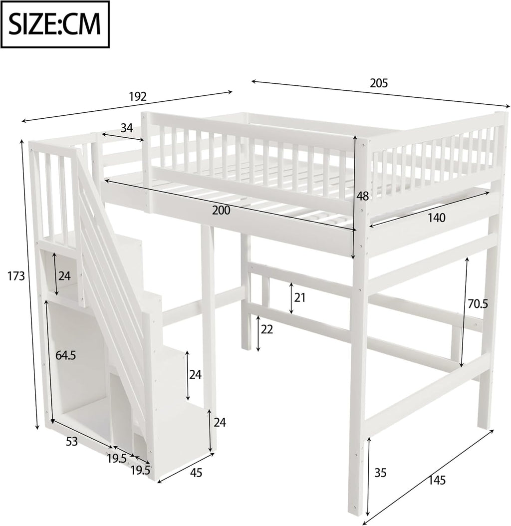 Kinderbett Etagenbett 140x200, Hochbett mit Treppe und Aufbewahrungsschrank, Multifunktionsbett Stockbett Spielbett Kinderhochbett Jugendhochbett mit Lattenrost & Rausfallschutz, Ohne Matratze, Weiß