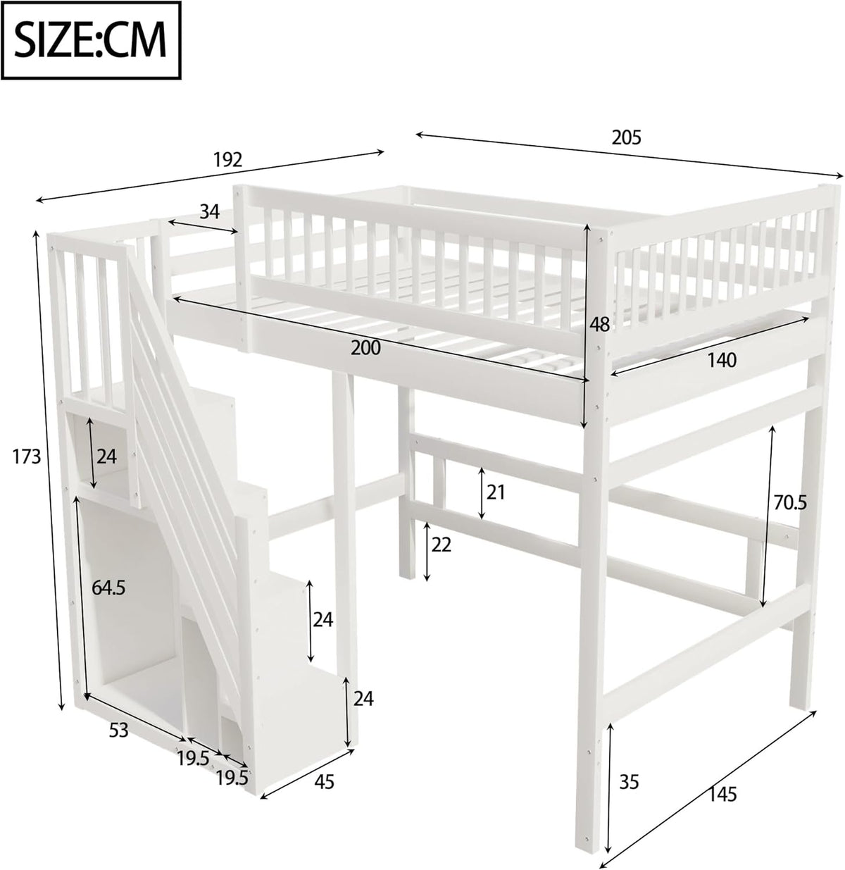 Kinderbett Etagenbett 140x200, Hochbett mit Treppe und Aufbewahrungsschrank, Multifunktionsbett Stockbett Spielbett Kinderhochbett Jugendhochbett mit Lattenrost & Rausfallschutz, Ohne Matratze, Weiß