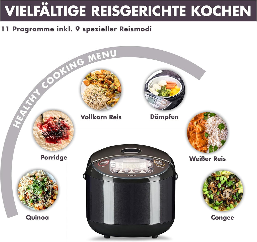 ZOJIRUSHI Premium Reiskocher NL-GAQ10 – 1,0 Liter – mit Warmhaltefunktion – inkl. Messbecher, Reislöffel und Dämpfeinsatz - Mit europäischem Netzkabel