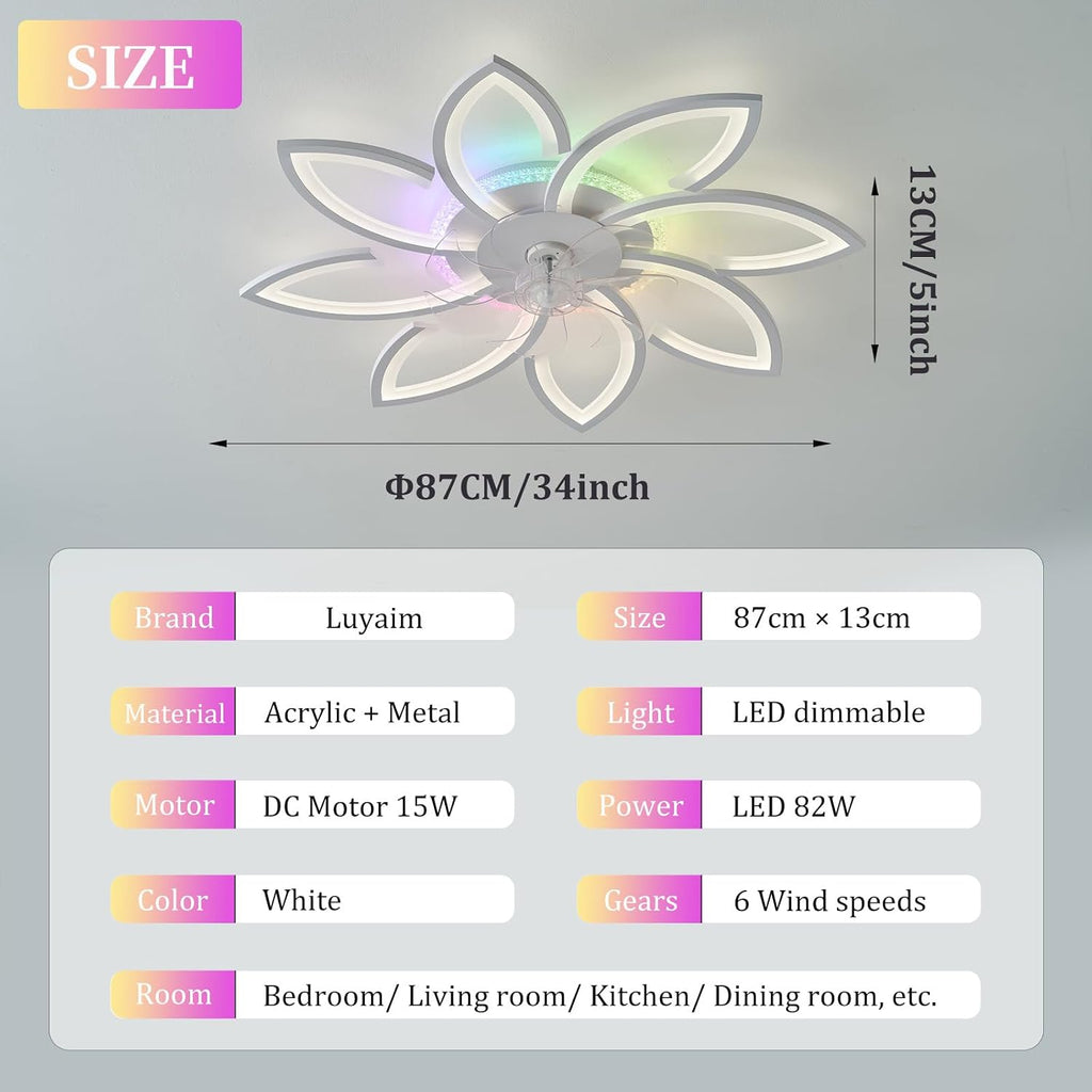 87CM Weißer Blumen-Deckenventilator Mit Licht, Dimmbar RGB Farbwechselndes Modern Fan Lampe Mit Ventilator Mit Fernbedienung/APP DC Motor 6 Geschwindigkeit Für Schlafzimmer Wohnzimmer