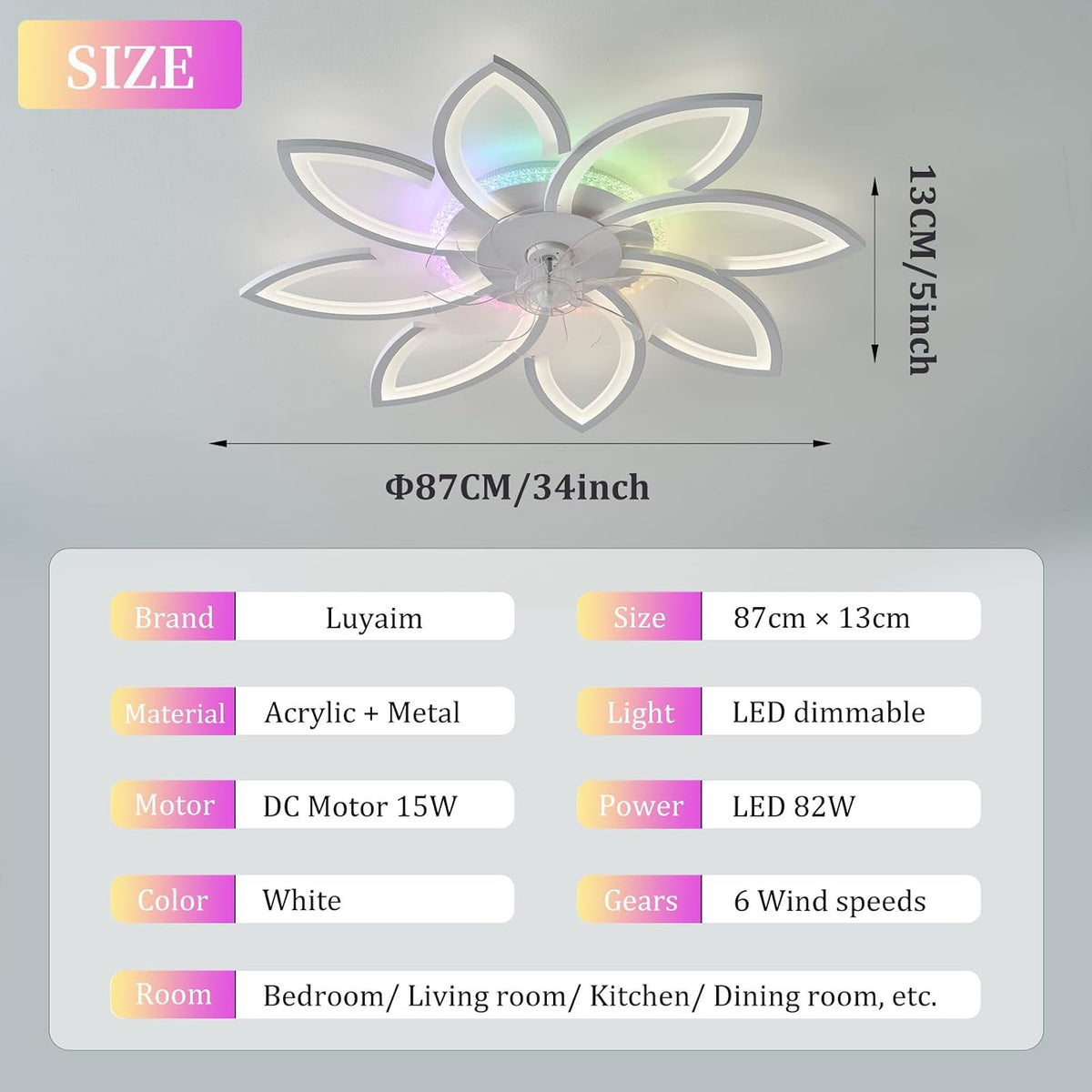87CM Weißer Blumen-Deckenventilator Mit Licht, Dimmbar RGB Farbwechselndes Modern Fan Lampe Mit Ventilator Mit Fernbedienung/APP DC Motor 6 Geschwindigkeit Für Schlafzimmer Wohnzimmer