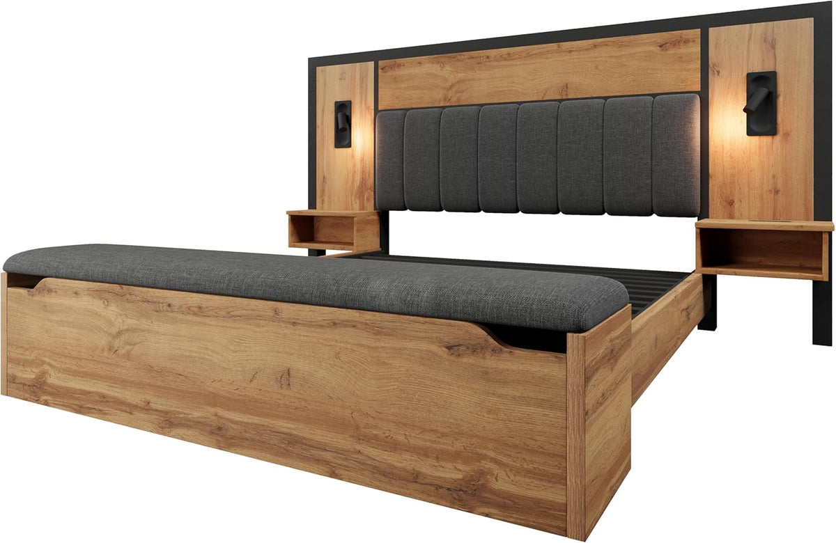 Kebnor Doppelbett Polsterbett, Bettanlage mit Leselampe und USB C Nachttisch und Sitzbank mit Stauraum, Bettgestell mit Lattenrost aus Metall, Holz und Leinen, Eiche(Ohne Matratze) (180×200cm)